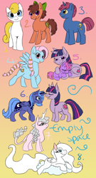 Size: 700x1300 | Tagged: safe, artist:draco-digi, ember (g1), princess luna, twilight sparkle, oc, alicorn, dracony, pony, g1, art dump, female, g1 to g4, generation leap, gradient background, lesbian, s1 luna, shipping, twiluna