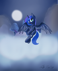 Size: 3600x4405 | Tagged: safe, artist:tinatsoy, princess luna, alicorn, pony, blank flank, filly, flying, moon, night, solo, woona