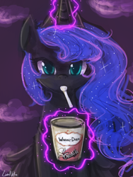 Size: 1440x1920 | Tagged: safe, artist:lumineko, princess luna, alicorn, pony, cute, eating, female, food, haagen dazs, häagen-dazs, ice cream, looking at you, lunabetes, magic, mare, portrait, solo, telekinesis, woona dazs