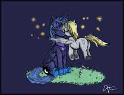 Size: 1355x1043 | Tagged: safe, artist:dreamingnoctis, derpy hooves, princess luna, alicorn, firefly (insect), pegasus, pony, eyes closed, female, flying, lesbian, lunaderp, mare, s1 luna, shipping, sitting, traditional art, underhoof