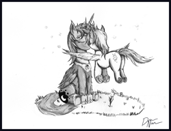 Size: 1355x1043 | Tagged: safe, artist:dreamingnoctis, derpy hooves, princess luna, alicorn, firefly (insect), pegasus, pony, eyes closed, female, flying, grayscale, lesbian, lunaderp, mare, monochrome, s1 luna, shipping, sitting, traditional art, underhoof