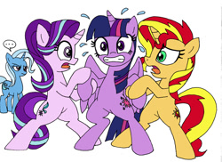 Size: 800x581 | Tagged: safe, artist:nekokevin, derpibooru import, starlight glimmer, sunset shimmer, trixie, twilight sparkle, twilight sparkle (alicorn), alicorn, pony, unicorn, counterparts, female, lesbian, shipping, sunsetsparkle, sweat, twilight's counterparts, twistarlight, twixie