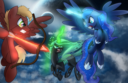 Size: 1024x668 | Tagged: safe, artist:drawponies, princess luna, queen chrysalis, oc, alicorn, changeling, changeling queen, pony, fight, space