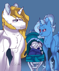 Size: 1024x1232 | Tagged: safe, artist:cutegir101, derpibooru import, prince blueblood, trixie, oc, pony, unicorn, blue background, bluetrix, female, male, mare, offspring, parent:prince blueblood, parent:trixie, parents:bluetrix, shipping, simple background, straight