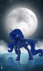 Size: 1772x2900 | Tagged: safe, artist:digitalcyn, princess luna, alicorn, pony, moon, reflection, solo, water