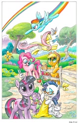 Size: 584x918 | Tagged: safe, artist:andypriceart, derpibooru import, angel bunny, applejack, fluttershy, gummy, opalescence, pinkie pie, rainbow dash, rarity, spike, twilight sparkle, dragon, earth pony, pegasus, pony, unicorn, glasses, mane seven, official