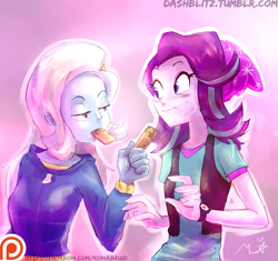 Size: 958x900 | Tagged: safe, artist:manic-the-lad, derpibooru import, starlight glimmer, trixie, equestria girls, spoiler:eqg specials, beanie, crackers, cute, diatrixes, food, hat, patreon, patreon logo, peanut butter, peanut butter crackers, that human sure does love peanut butter crackers