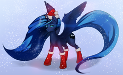 Size: 2127x1300 | Tagged: safe, artist:darkestmbongo, princess luna, alicorn, pony, boots, clothes, female, glowing eyes, hat, mare, santa hat, snow, snowfall, socks, solo, winter