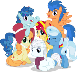 Size: 1024x952 | Tagged: safe, artist:mlp-trailgrazer, derpibooru import, double diamond, party favor, sunset shimmer, trixie, oc, oc:apple pastry, oc:flash warp, oc:snow bank, pony, unicorn, alternate mane six, alternate universe, cute, double dawwmond, favorbetes, female, mane six opening poses, mare, simple background, transparent background, watermark