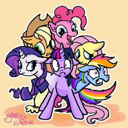Size: 400x400 | Tagged: safe, artist:yamino, derpibooru import, applejack, fluttershy, pinkie pie, rainbow dash, rarity, twilight sparkle, earth pony, hydra, pony, unicorn, appleflaritwidashpie, eye twitch, floppy ears, frown, fusion, gritted teeth, hydra pony, looking at you, mane six, mane six hydra, multiple heads, open mouth, six heads, smiling, we have become one, what has science done, wide eyes, you need me