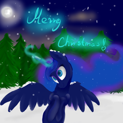 Size: 3000x3000 | Tagged: safe, artist:segraece, princess luna, alicorn, pony, forest, magic, moon, night, rearing, smiling, snow, snowfall, solo, spread wings, winter