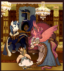 Size: 1079x1200 | Tagged: safe, artist:saint-juniper, princess cadance, princess luna, shining armor, oc, oc:tyr, alicorn, pony, unicorn, fanfic:myths and birthrights, alternate hairstyle, chair, chandelier, cloak, clothes, dress, fanfic, female, filly, interior, jewelry, painting, royal family, royalty, tiara