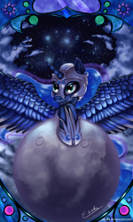 Size: 1050x1750 | Tagged: safe, artist:esuka, princess luna, alicorn, pony, helmet, moon, solo, space, spread wings, tangible heavenly object