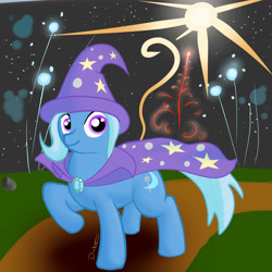 Size: 1300x1300 | Tagged: safe, artist:dashermkii, derpibooru import, trixie, pony, unicorn, blue coat, female, fireworks, horn, mare, solo, two toned mane