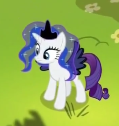 Size: 235x250 | Tagged: safe, screencap, princess luna, rarity, pony, unicorn, testing testing 1-2-3, clothes, cosplay, costume, lunarity, lunity, solo, voice actor joke