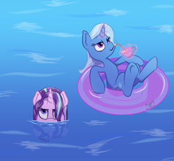 Size: 1400x1300 | Tagged: safe, artist:imaplatypus, derpibooru import, starlight glimmer, trixie, pony, unicorn, cup, drinking straw, inner tube, teacup, that pony sure does love teacups, unamused, wet mane