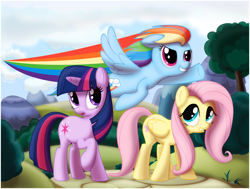 Size: 1096x830 | Tagged: safe, artist:ctb-36, derpibooru import, fluttershy, rainbow dash, twilight sparkle, pegasus, pony, horn, wings