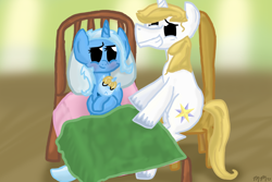 Size: 1800x1200 | Tagged: safe, artist:martymurray, derpibooru import, prince blueblood, trixie, bed, bluetrix, blushing, female, foal, grin, male, offspring, parent:prince blueblood, parent:trixie, parents:bluetrix, shipping, smiling, straight