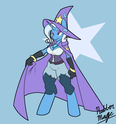 Size: 1797x1931 | Tagged: safe, artist:rubbermage, derpibooru import, trixie, anthro, unguligrade anthro, unicorn, breasts, clothes, corset, female, solo, titsie