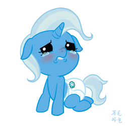 Size: 1200x1200 | Tagged: safe, artist:mrs1989, derpibooru import, trixie, pony, baby, baby pony, crying, cute, diaper, diatrixes, filly, foal, lip bite, poofy diaper, solo