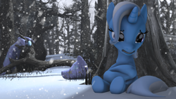 Size: 2560x1440 | Tagged: safe, artist:redaceofspades, derpibooru import, trixie, pony, unicorn, 3d, crying, female, mare, sad, snow, snowfall, solo, source filmmaker, tree, winter