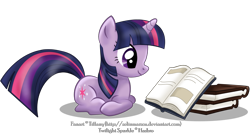 Size: 2400x1300 | Tagged: safe, artist:tiffanymarsou, derpibooru import, twilight sparkle, unicorn twilight, pony, unicorn, book, female, mare, prone, reading, smiling, solo