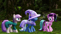 Size: 1280x720 | Tagged: safe, artist:zoroark67, derpibooru import, maud pie, starlight glimmer, trixie, pony, unicorn, 3d, female, herd, mare, mmd, travelling