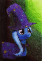 Size: 1000x1435 | Tagged: safe, artist:meertogh, derpibooru import, trixie, pony, unicorn, blue coat, female, horn, mare, solo, traditional art, two toned mane