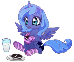 Size: 1665x1377 | Tagged: safe, artist:lunaltaria, princess luna, alicorn, pony, clothes, cookie, filly, milk, sitting, socks, solo, spread wings, striped socks, woona