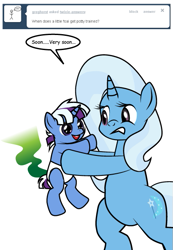 Size: 415x600 | Tagged: safe, artist:dekomaru, derpibooru import, trixie, oc, oc:nebula, pony, unicorn, ask, baby, baby pony, colt, diaper change, female, magical lesbian spawn, male, mare, mother and child, mother and son, offspring, parent and child, parent:trixie, parent:twilight sparkle, parents:twixie, smelly, tumblr, tumblr:ask twixie