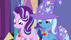 Size: 1280x720 | Tagged: safe, derpibooru import, screencap, starlight glimmer, trixie, pony, unicorn, celestial advice, duo, equestrian pink heart of courage, female, mare