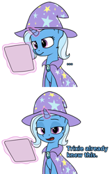 Size: 1694x2680 | Tagged: safe, artist:zippysqrl, derpibooru exclusive, derpibooru import, trixie, pony, unicorn, ..., 2 panel comic, cape, clothes, comic, cute, dialogue, diatrixes, female, hat, levitation, lidded eyes, looking at you, magic, mare, open mouth, reaction image, simple background, solo, telekinesis, trixie's cape, trixie's hat, white background