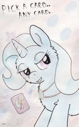 Size: 729x1168 | Tagged: safe, artist:slightlyshade, derpibooru import, trixie, pony, unicorn, card, dialogue, female, mare, solo, traditional art