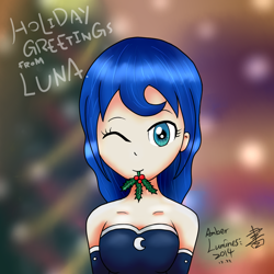 Size: 1200x1200 | Tagged: dead source, safe, artist:vanillafox2035, princess luna, human, holly, humanized, mouth hold, solo, wink