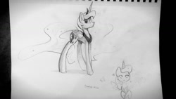 Size: 1280x724 | Tagged: safe, artist:darkflame75, princess luna, alicorn, pony, lunadoodle, monochrome, solo, traditional art