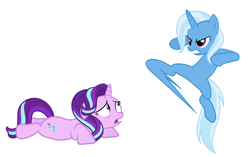 Size: 1694x1064 | Tagged: safe, derpibooru import, starlight glimmer, trixie, pony, unicorn, angry, duo, floppy ears, gritted teeth, kick, open mouth, out of character, prone, scared, simple background, vector, white background