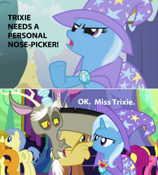 Size: 1280x1422 | Tagged: safe, derpibooru import, edit, edited screencap, screencap, berry punch, berryshine, carrot top, discord, golden harvest, trixie, earth pony, pony, unicorn, boast busters, celestial advice, cape, clothes, dialogue, hat, nose picking, open mouth, screencap comic, trixie's cape, trixie's hat