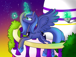 Size: 4000x3000 | Tagged: safe, artist:torment-fly, princess luna, alicorn, pony, balcony, magic, s1 luna, solo, spread wings