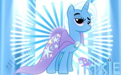 Size: 2560x1600 | Tagged: safe, artist:fennrick, artist:lextsy, derpibooru import, trixie, pony, unicorn, abstract background, cape, clothes, female, looking at you, mare, raised eyebrow, solo, trixie's cape, wallpaper