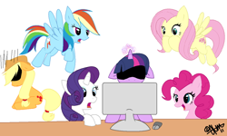 Size: 900x540 | Tagged: safe, artist:nayobe, derpibooru import, applejack, fluttershy, pinkie pie, rainbow dash, rarity, twilight sparkle, earth pony, pegasus, pony, unicorn, computer, implied, mane six, out of context