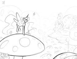 Size: 1280x978 | Tagged: safe, artist:darkflame75, princess luna, alicorn, pony, lunadoodle, monochrome, mushroom, solo