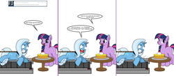 Size: 1810x800 | Tagged: safe, artist:dekomaru, derpibooru import, trixie, twilight sparkle, pony, ask, cake, cheesecake, female, food, lesbian, pregnant, shipping, treadmill, tumblr, tumblr:ask twixie, twixie