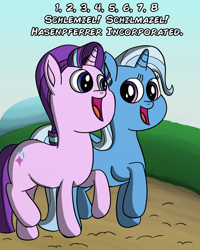 Size: 2400x3000 | Tagged: safe, artist:saburodaimando, derpibooru import, starlight glimmer, trixie, pony, unicorn, caption, chanting, female, happy, laverne and shirley, mare, trotting