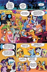 Size: 1040x1600 | Tagged: safe, artist:andypriceart, derpibooru import, idw, applejack, big macintosh, cheerilee, dj pon-3, fluttershy, lyra heartstrings, octavia melody, pinkie pie, rainbow dash, rarity, spike, sweetcream scoops, trixie, vinyl scratch, dragon, earth pony, pegasus, pony, unicorn, spoiler:comic, cider, clothes, comic, idw advertisement, laurel wreath, male, preview, spanish, stallion, toga, translation