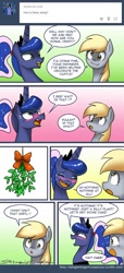 Size: 650x1429 | Tagged: safe, artist:johnjoseco, derpy hooves, princess luna, alicorn, pegasus, pony, alternate hairstyle, ask gaming princess luna, blushing, comic, female, gamer luna, mare, mistletoe, ponytail