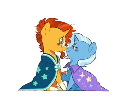 Size: 946x814 | Tagged: safe, artist:pikokko, derpibooru import, edit, sunburst, trixie, pony, unicorn, blush sticker, blushing, cape, clothes, eye contact, female, lidded eyes, looking at each other, male, mare, raised hoof, shipping, simple background, sitting, smiling, stallion, straight, sunburst's robe, trixburst, trixie's cape, white background