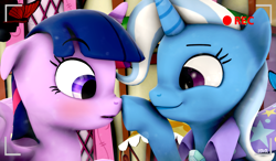 Size: 1853x1080 | Tagged: safe, artist:blackfalcon8, derpibooru import, trixie, twilight sparkle, alicorn, pony, unicorn, 3d, boop, cute, diatrixes, twiabetes