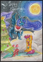 Size: 761x1072 | Tagged: safe, artist:ayumi-baka-neko, princess luna, scootaloo, alicorn, pony, christmas tree, clothes, scarf, snow, snowfall, traditional art, tree