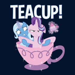 Size: 800x800 | Tagged: safe, artist:xkappax, derpibooru import, starlight glimmer, trixie, pony, unicorn, all bottled up, cup, floppy ears, simple background, smiling, teacup, teacup poodle, that pony sure does love teacups, trixie's puppeteering, unamused
