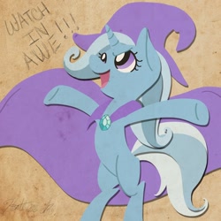 Size: 900x900 | Tagged: safe, artist:random-gal, derpibooru import, trixie, pony, bipedal, cape, clothes, hat, solo, trixie's cape, trixie's hat